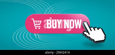 Online shopping banner with buy now button and hand pointer Stock Photo