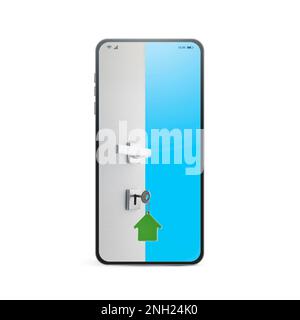 Open door with house keys on smartphone screen: real estate app and new home concept Stock Photo