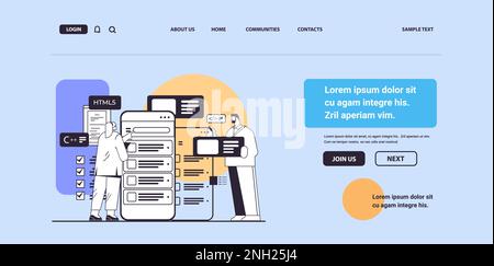 web developers couple creating program code on smartphone screen development of software and programming Stock Vector