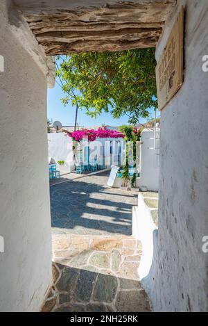 View of Chora village from the entrance gate to the Castro neighborhood, Folegandros Stock Photo