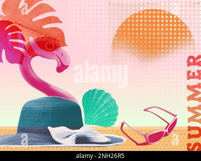 Summer vacation collage with beach items and copy space Stock Photo