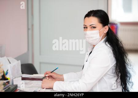 May 31, 2021. Belarus, the city of Gomel. Central Hospital. Beautiful female doctors at the reception. Stock Photo
