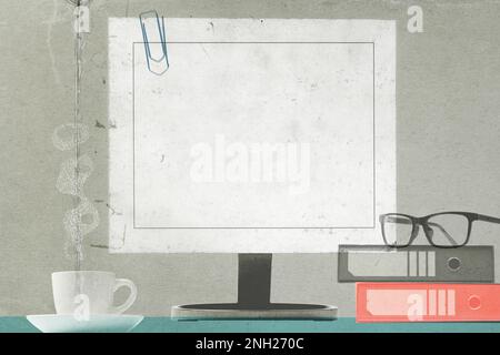 Business desktop with computer and objects, vintage collage poster Stock Photo