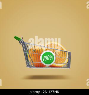 Flying shopping cart with fresh oranges, organic fruit and grocery shopping concept, copy space Stock Photo