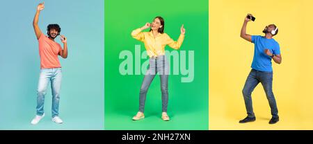 Diverse People Wearing Headphones Listening Music And Having Fun Over Colorful Backgrounds Stock Photo