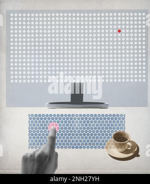 Computer and office worker typing on a keyboard, vintage style poster design Stock Photo