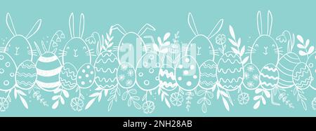 Cute hand drawn Easter horizontal seamless pattern with bunnies, flowers, easter eggs, beautiful background, great for Easter Cards, banner, textiles, Stock Vector