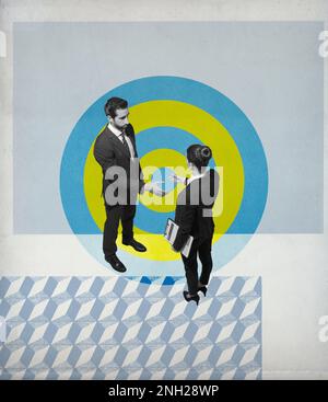 Business people shaking hands and big target, recruitment and agreement concept, vintage style design Stock Photo