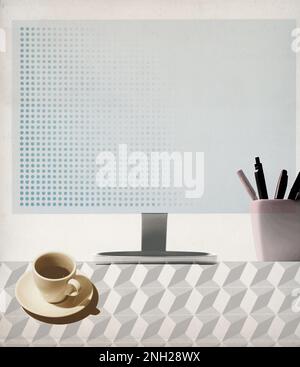 Business desktop with computer and objects, vintage collage poster Stock Photo