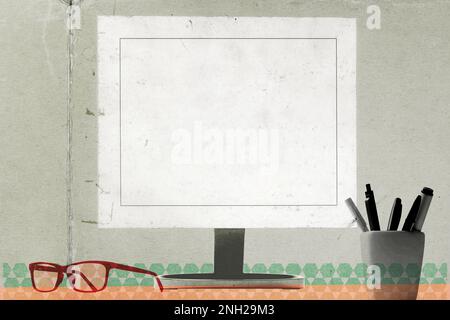 Business desktop with computer and objects, vintage collage poster Stock Photo