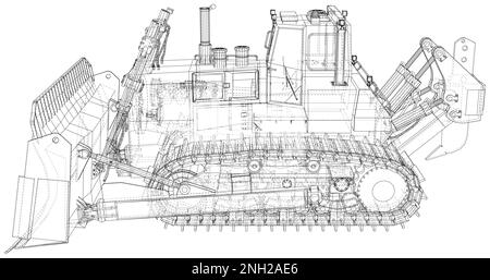 Powerful hydraulic bulldozer. Wire-frame. Vehicle Vector Illustration transport. The layers of visible and invisible lines are separated. EPS10 format Stock Vector