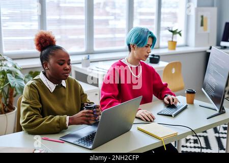 Portrait of two gen Z young people using computers while developing software and writing code in modern office, magenta accent Stock Photo