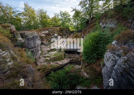 Stone formations and ruins of Neurathen Castle near Bastei Bridge (Basteibrucke) - Saxony, Germany Stock Photo