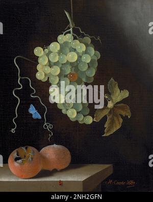 Adriaen Coorte Still Life with a Hanging Bunch of Grapes, Two Medlars, and a Butterfly 1687 Stock Photo