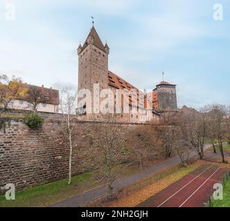 Nuremberg Castle (Kaiserburg) view Imperial Stables, Luginsland Tower and Pentagonal Tower (Funfeckturm) - Nuremberg, Bavaria, Germany Stock Photo