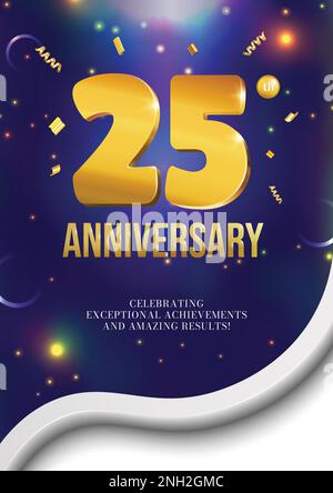 Anniversary celebration poster design with golden 3D date and glowing lights 25 years Stock Vector