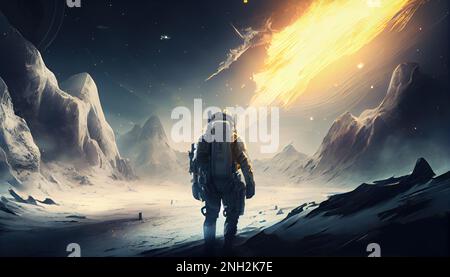 Picture of astronaut - man or woman in suit with helmet, alien planet Stock Photo