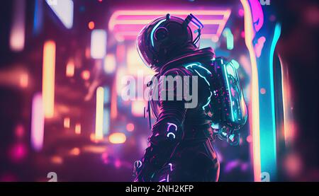 Picture of astronaut on alien planet - man or woman in suit with helmet, copy space Stock Photo