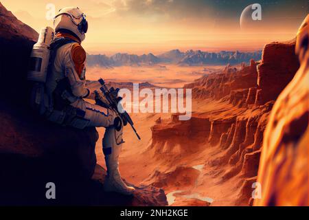 Picture of astronaut with riffle - man or woman in suit with helmet, copy space Stock Photo