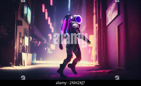 Picture of astronaut on alien planet - man or woman in suit with helmet, copy space Stock Photo