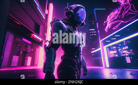 Picture of astronaut on alien planet - man or woman in suit with helmet, copy space Stock Photo