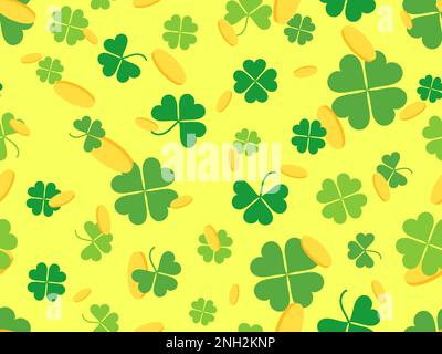 Clover leaves and golden coins seamless pattern. Background with holiday symbols clover and coins for St. Patrick's Day. Design for print, postcards a Stock Vector