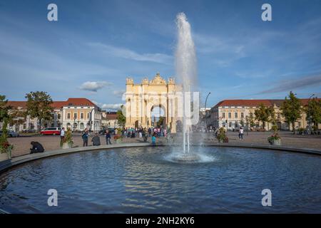 Brandenburg Gate (Brandenburger Tor) and fountain at Luisenplatz Square - Potsdam, Brandenburg, Germany Stock Photo