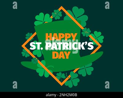 Happy St. Patrick's Day banner with green clover leaves and leprechaun hat. Square frame with text and green clover leaves. Design for greeting card, Stock Vector