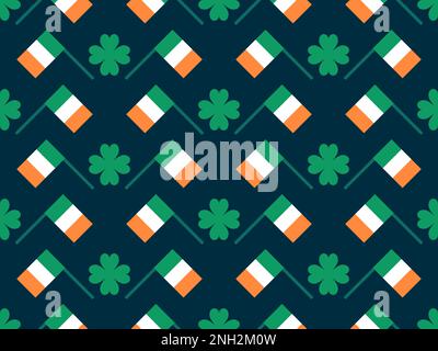 Seamless pattern with green clover leaves and Ireland flags. Festive background for Saint Patrick's Day. Design for print, wallpaper and wrapping pape Stock Vector