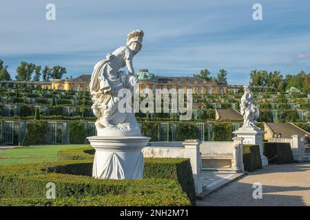 Marble Sculpture of Goddess Minerva at Sanssouci Palace Gardens - Potsdam, Brandenburg, Germany Stock Photo