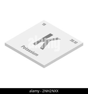 Potassium, K, gray 3D isometric illustration of periodic table element with name, symbol, atomic number and weight. Alkali metal with various industrial uses, such as in fertilizer, soap, and as a medication for certain medical conditions. Stock Vector