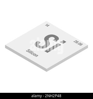 Silicon, Si, gray 3D isometric illustration of periodic table element with name, symbol, atomic number and weight. Non-metal with various industrial uses, such as in electronics, construction, and as a component in certain types of glass. Stock Vector