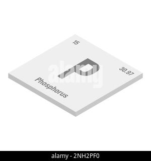 Phosphorus, P, gray 3D isometric illustration of periodic table element with name, symbol, atomic number and weight. Non-metal with various industrial uses, such as in fertilizer, detergents, and as a component of certain types of explosives. Stock Vector