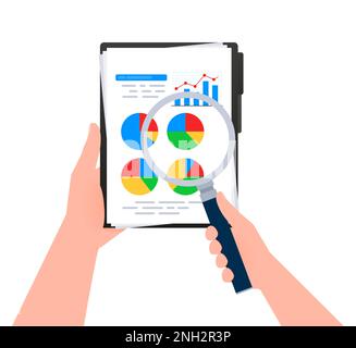 Business report document. Statistics, analytics. Hand holding a magnifying glass. Charts graphs on a paper Stock Vector