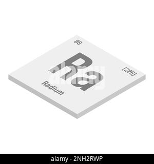 Radium, Ra, gray 3D isometric illustration of periodic table element with name, symbol, atomic number and weight. Alkaline earth metal with radioactive properties, formerly used in medical therapy and as a component of certain types of paint. Stock Vector