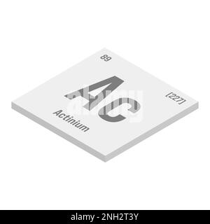 Actinium, Ac, gray 3D isometric illustration of periodic table element with name, symbol, atomic number and weight. Radioactive element with potential uses in cancer treatment and as a neutron source for scientific research. Stock Vector