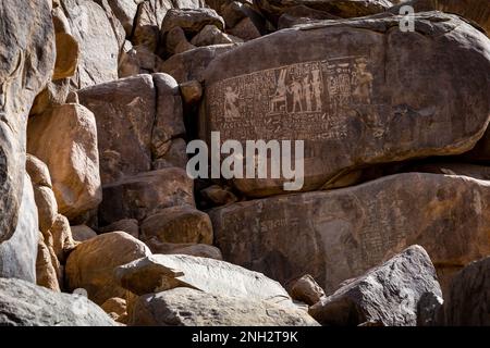 Ancient Egyptian Hieroglyphs. Aswan's Seheil Island, Most Known for the Famine Stele Carving. Aswan. Egipt. Africa. Stock Photo