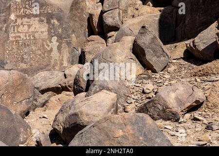 Ancient Egyptian Hieroglyphs. Aswan's Seheil Island, Most Known for the Famine Stele Carving. Aswan. Egipt. Africa. Stock Photo