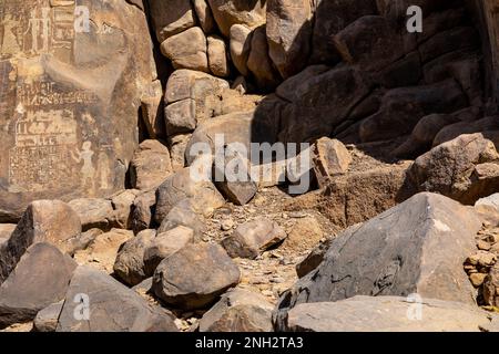 Ancient Egyptian Hieroglyphs. Aswan's Seheil Island, Most Known for the Famine Stele Carving. Aswan. Egipt. Africa. Stock Photo