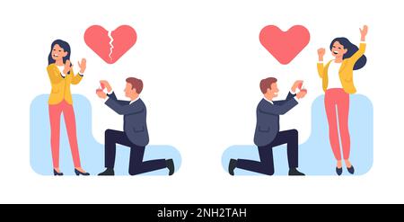 Man proposes to woman. Girlfriend agrees or rejects engagement. Boyfriend gifting proposal ring. Wedding jewelry. Broken heart. Romantic relationship Stock Vector