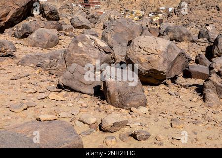 Ancient Egyptian Hieroglyphs. Aswan's Seheil Island, Most Known for the Famine Stele Carving. Aswan. Egipt. Africa. Stock Photo