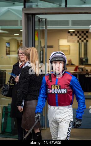 Ascot, Berkshire, UK. 20th February, 2023. Jockey Jonathan Burke heads into the Parade Ring for The British European Breeders’ Fund EBF Mares’ Open National Hunt Flat Race at Ascot Racecourse on the Betfair Ascot Chase Raceday. Credit: Maureen McLean/Alamy Stock Photo