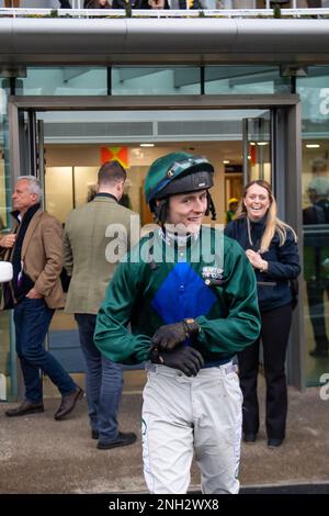 Ascot, Berkshire, UK. 20th February, 2023. Jockey Niall Houlihan heads into the Parade Ring for The British European Breeders’ Fund EBF Mares’ Open National Hunt Flat Race at Ascot Racecourse on the Betfair Ascot Chase Raceday. Credit: Maureen McLean/Alamy Stock Photo