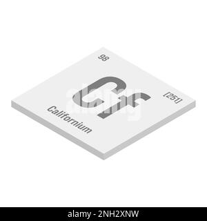 Californium, Cf, gray 3D isometric illustration of periodic table element with name, symbol, atomic number and weight. Synthetic radioactive element with potential uses in scientific research and nuclear power. Stock Vector