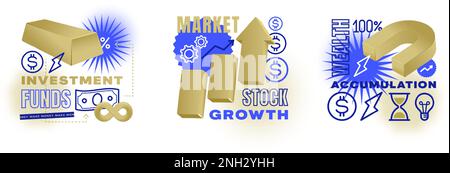 Investment trading vector illustrations set. Stock market growth creative concepts. Finance accumulation and money growth 3D render style collection Stock Vector