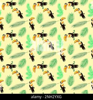 Seamless pattern with tropical bird toucan and branches of palm tree on light background Stock Vector
