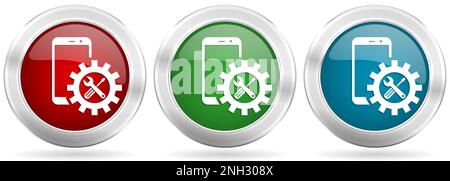 Mobile phone, smartphone service vector icon set. Red, blue and green silver metallic web buttons with chrome border Stock Vector