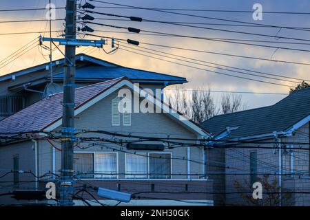 Suburban house with behind web of electrical wires at dawn Stock Photo