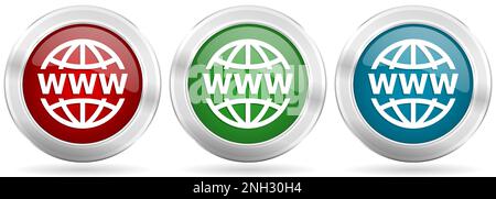 Web, www and internet vector icon set. Red, blue and green silver metallic web buttons with chrome border Stock Vector