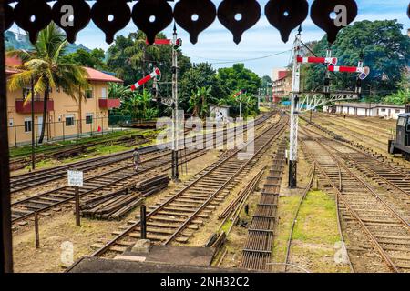 The view from the signal box at Kandy station, Sri Lanka, The Kandy to Ella railway through the Sri Lankan hill country Stock Photo